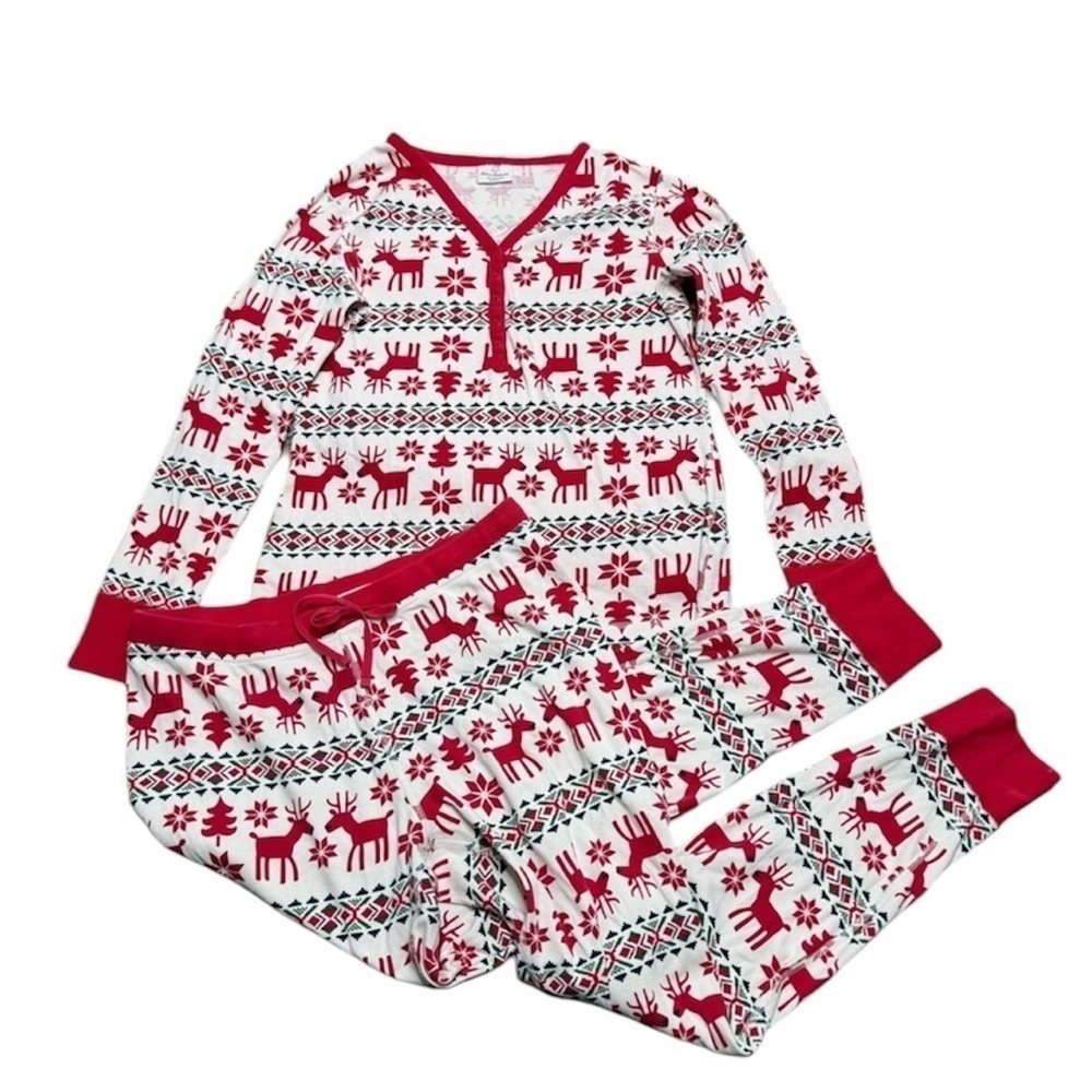 Hanna Anderson Pajama Set Women L Cream NWOT Reindeer Organic Cotton Christmas - Picture 2 of 4